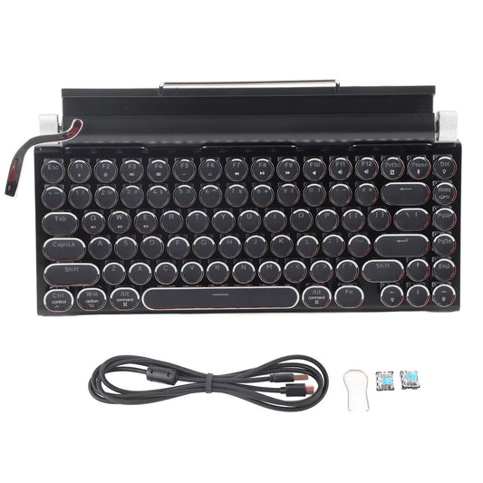 Protable Retro Typewriter Keyboard 83 Keys Vintage Wireless Bluetooth Blue Switch Mechanical Keyboard with Metal round Cap